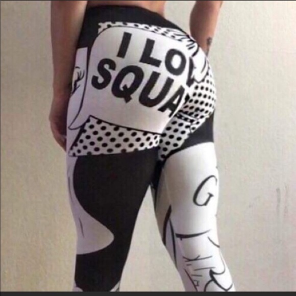 NWT “I LOVE SQUATS” COMIC STRIP DESIGN BLACK WHITE LEGGINGS SIZE SMALL - Picture 4 of 7